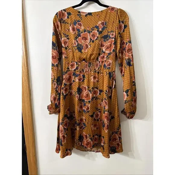 Free People Long Sleeves Autumn Gold Floral Dress Sz 6/8 Knee Length Fall Boho - Picture 8 of 8